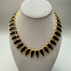 Vintage Egyptian Revival Gold Tone Black Enamel Link Choker Bib Necklace 17"